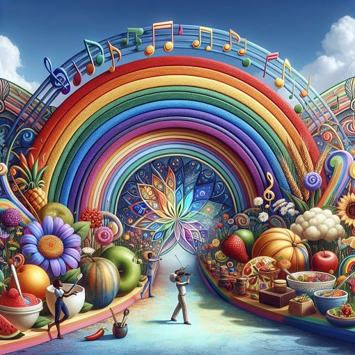 A colorful rainbow against a clear blue sky, symbolizing diversity and inclusion, featuring playful elements like musical notes, food items, and happy characters.