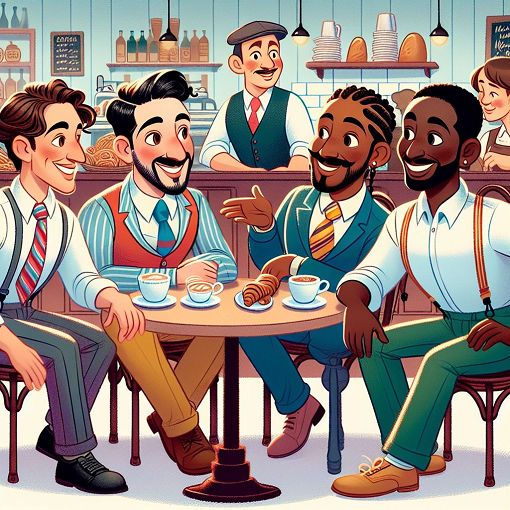 A vibrant and whimsical illustration of four diverse male characters sitting at a coffee shop, each exhibiting distinct personality traits, inspired by sitcom-like humor and style.