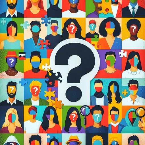 A colorful collage of famous people with question marks, showcasing a diverse group of individuals, with engaging and playful elements