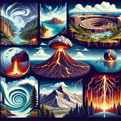 Create an illustration showing various geological features such as volcanoes, craters, and natural disaster scenes with a focus on education and learning.