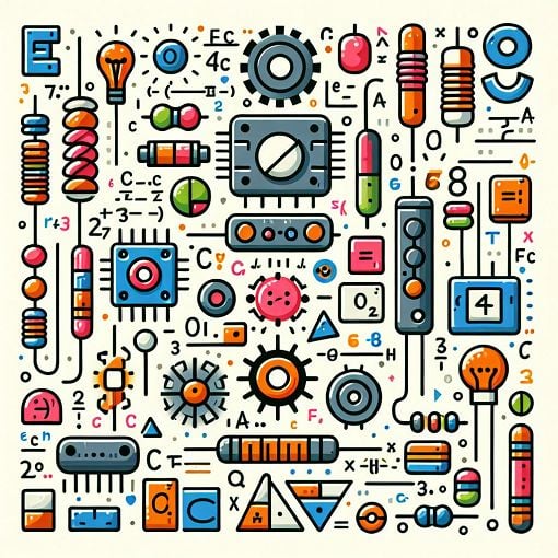 An educational illustration showing electrical components, mathematical symbols, and a quiz atmosphere, bright colors, engaging, suitable for students.