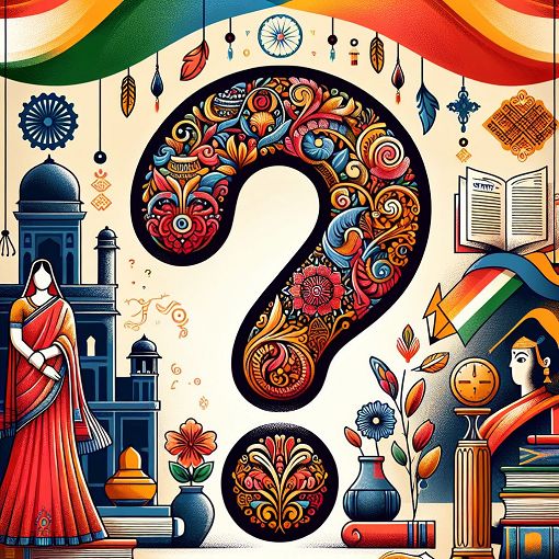 A vibrant and engaging image depicting elements of Indian culture, literature, and history, with a question mark symbol representing quizzes.