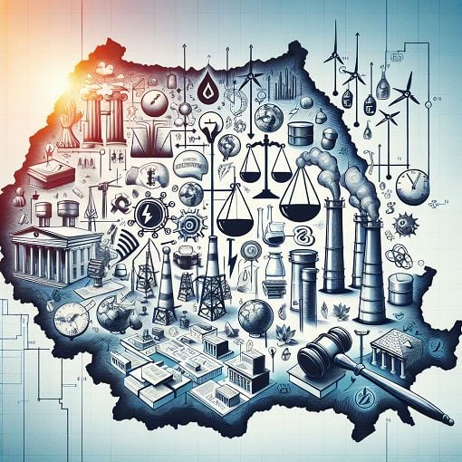 A detailed illustration depicting energy regulation in Romania, including symbols of electricity, gas, renewable energy, and legislative icons, overlaid on a map of Romania, with a clear blue sky background.