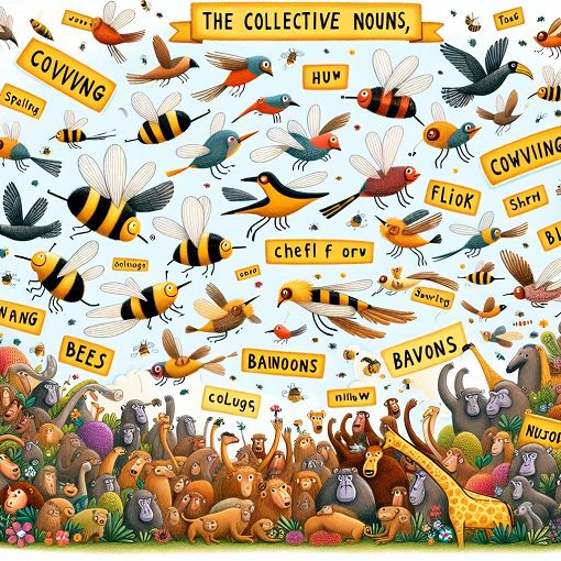 A whimsical illustration of various animals with their respective collective nouns labeled, such as a swarm of bees, a flock of birds, and a troop of baboons, all in a colorful, playful style.