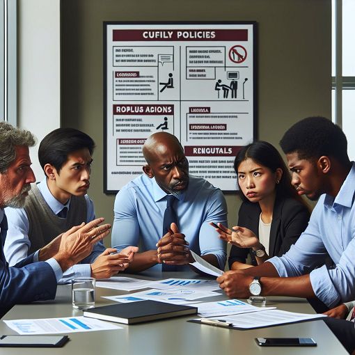 A group of colleagues discussing policies in an office meeting, with a chart showing rules and regulations in the background.