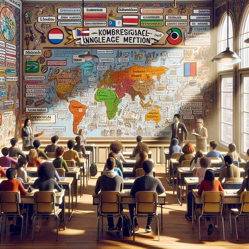 A classroom setting with students participating in a quiz, featuring grammar charts on the wall and a cheerful atmosphere