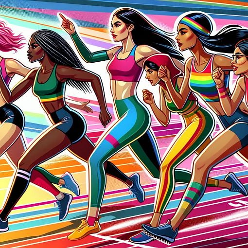 A vibrant illustration of diverse young female sprinters on a track, wearing bright sports outfits and showing off their personalities, with a playful and energetic atmosphere.