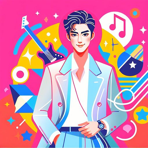 A vibrant and colorful illustration of a Korean idol resembling Rowoon from SF9, with a playful and energetic background, showcasing elements of music and drama to reflect his career.