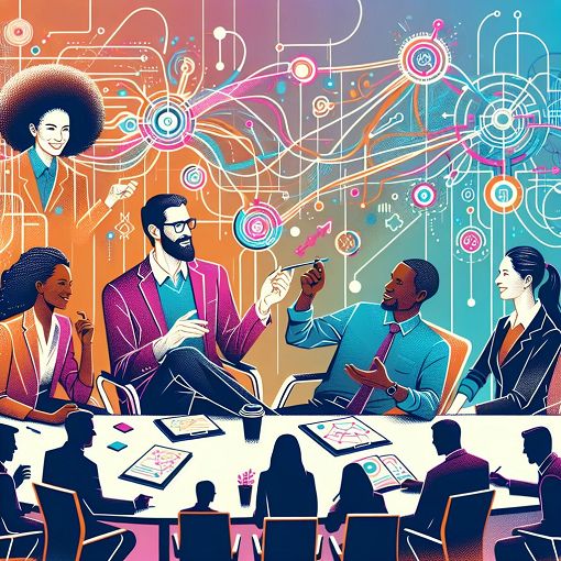 A colorful and engaging illustration showing different people in various board member roles, with elements representing teamwork and collaboration in a creative, dynamic setting.