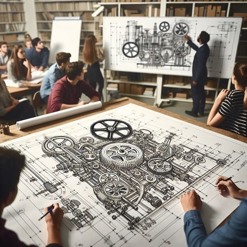 A technical drawing with various engineering lines, including visible, hidden, and dimension lines, in a classroom setting.