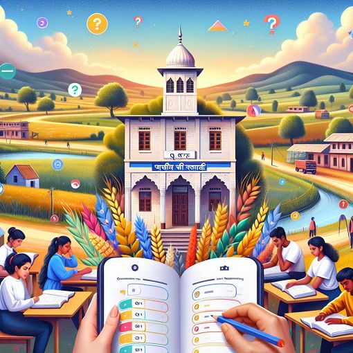 Create an image of a colorful quiz interface featuring a rural scene with a panchayat office, students studying, and question marks to symbolize knowledge and assessment.