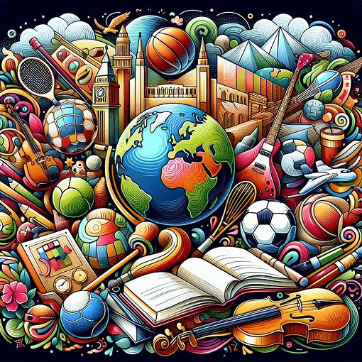 Create an engaging and colorful illustrated graphic that features elements related to general knowledge such as books, a globe, sports symbols, famous landmarks, and musical instruments.