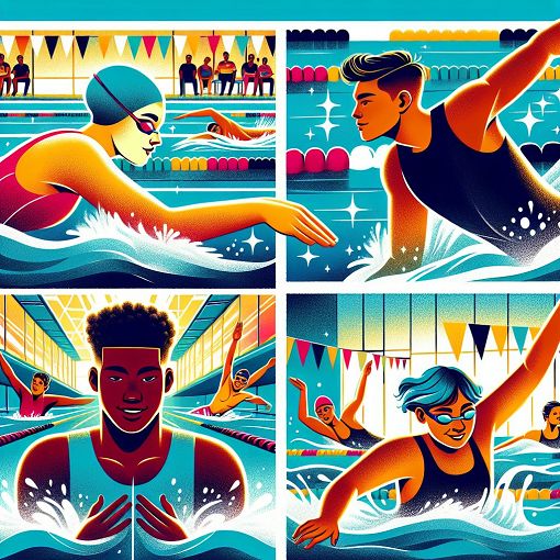 A vibrant illustration of a mixed group of high school seniors engaged in swimming practice, featuring different strokes, diverse personalities, and a lively aquatic backdrop.