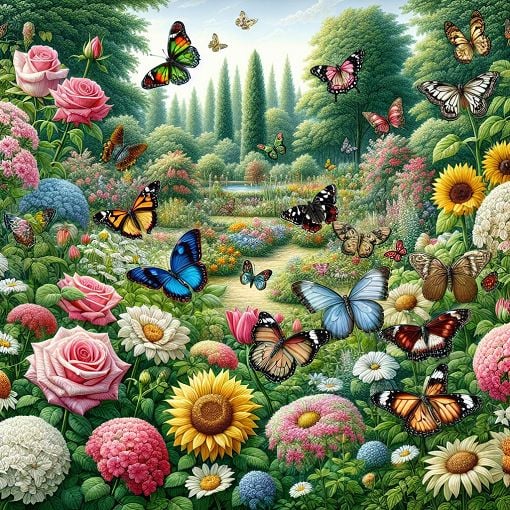 A colorful garden filled with various butterfly species perched on flowers, showcasing their vibrant wings in a natural setting.