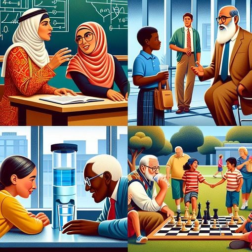 A vibrant and educational image showcasing diverse groups of people interacting in various social settings, representing sociology and social grouping concepts