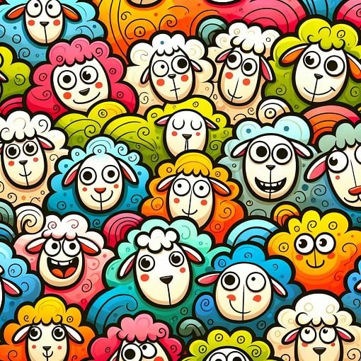 A whimsical illustration of various cartoon sheep depicting different personalities, with a colorful and playful background.