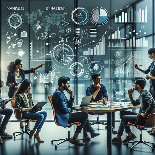 Create a vibrant and engaging image that represents marketing concepts, showing elements like strategy, analytics, and teamwork, against a modern office backdrop with people collaborating.