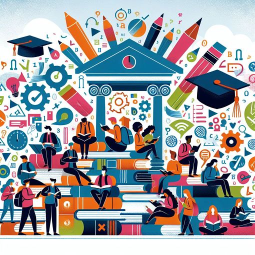 A vibrant and engaging illustration representing a university environment, featuring students studying, academic symbols like books and diplomas, and elements representing ECTS and accreditation.