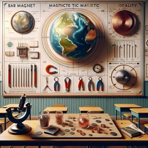 Generate an image of a classroom setting with a large poster of a bar magnet and various magnetic materials on a table. Include visuals of Earth as a magnet and a compass to represent navigation.