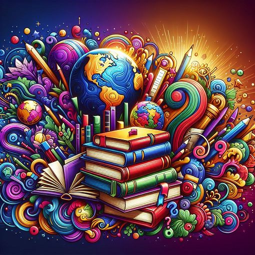 A vibrant and colorful illustration featuring various elements of knowledge such as books, a globe, and question marks, symbolizing a general knowledge quiz.