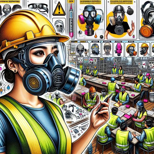 A detailed illustration featuring various types of respirators, a safety officer conducting training, and a visually engaging background representing a safety training environment.