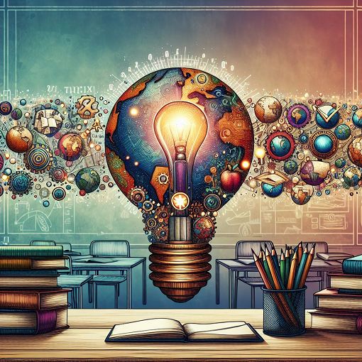 A colorful and vibrant illustration of various quiz topics and general knowledge symbols such as books, a light bulb, and a globe, set against a background of a classroom or library setting.