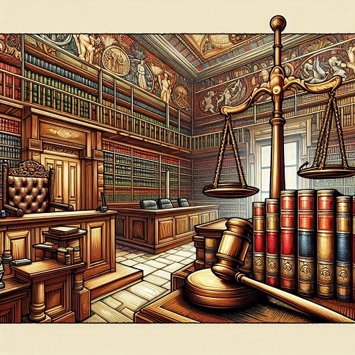 A detailed illustration depicting various aspects of criminal law such as a courtroom, legal books, a gavel, and symbols representing justice, in a modern and engaging style.