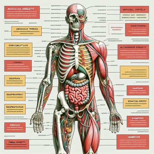 Create an educational illustration representing the human body with labeled parts, emphasizing anatomy and physiology, in a visually appealing style.