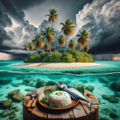 Create an image of a tropical island with palm trees, a stormy sky, and a table with rice and mackerel on it to represent culinary challenges in paradise.