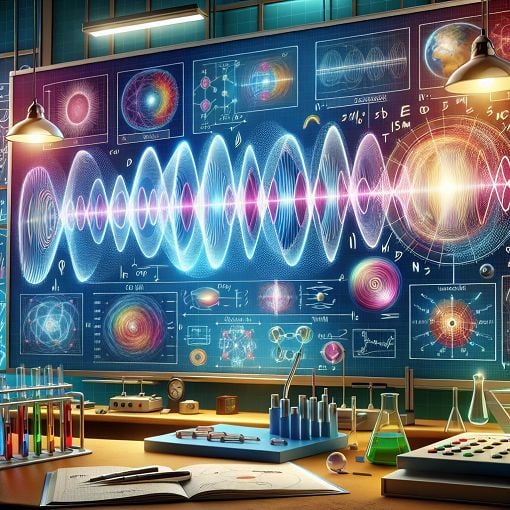 An educational illustration showing electromagnetic waves, their properties, and interactions in a scientific setting, with vibrant colors and detailed diagrams.