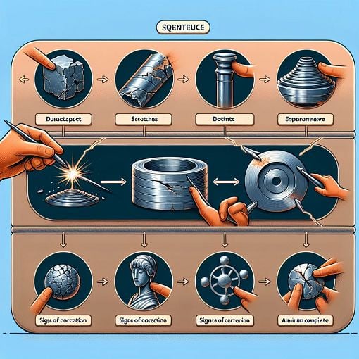 A visually engaging illustration depicting various types of material damages, including scratches, dents, and corrosion on different materials like metals and composites, with a scientific and educational theme.