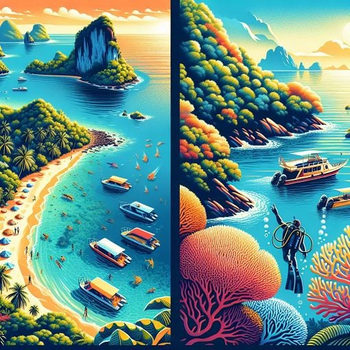 A vibrant and colorful illustration of the Andaman and Nicobar islands and Lakshadweep, showcasing their natural beauty, beaches, and marine activities like scuba diving.