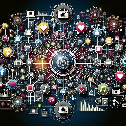 Generate an image showcasing a digital concept of social media centrality, featuring interconnected nodes, various social media icons, and visual representations of centrality measures like graphs or charts.