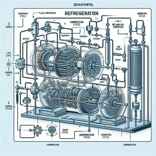 A detailed illustration of refrigeration processes, including mechanical compression and absorption cycles, with annotated components and flow diagrams, in a technical and educational style.