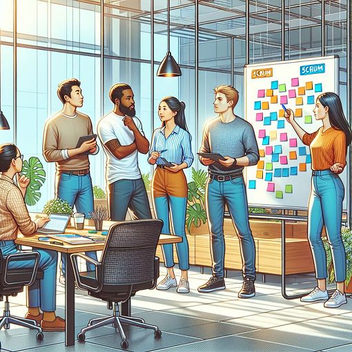 Create an illustration depicting a team collaborating in a Scrum meeting, displaying Scrum boards, sticky notes, and teamwork dynamics in a bright, modern office setting.