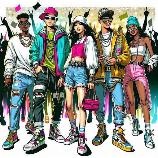 A colorful and humorous illustration of diverse youth styles, including sneakers, casual clothing, and fun accessories, capturing a vibrant party atmosphere.