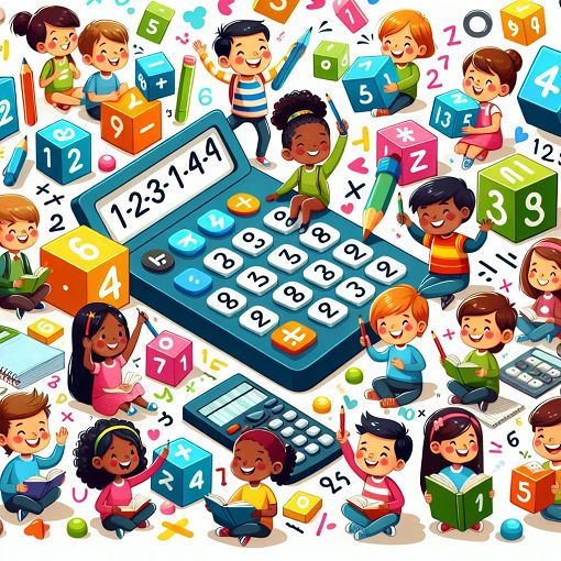 A colorful and engaging illustration of multiplication tables with numbers 2 to 5, featuring playful elements like calculators, cubes, and children studying math in a classroom setting.