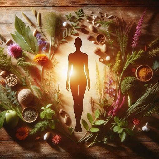 Create an image that symbolizes hormonal balance and health, featuring a silhouette of a woman surrounded by natural elements like flowers, herbs, and soft light.