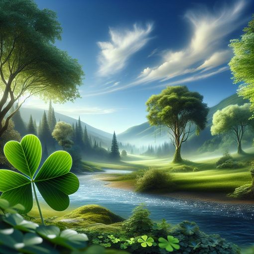 A serene landscape featuring a four-leaf clover among natural elements, emphasizing personality and nature themes.