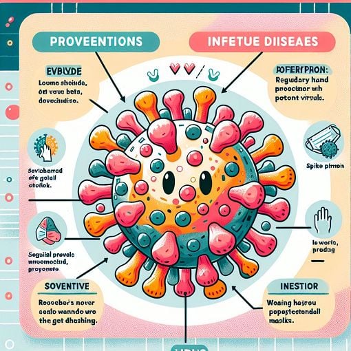 An educational illustration depicting the structure of the coronavirus with facts about COVID-19 prevention and awareness in a vibrant, engaging style.