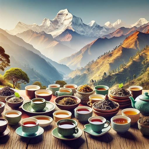 Generate an image of a cozy tea setup with various teas, mugs, and beautiful Himalayan landscapes in the background.