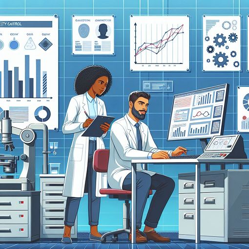 A vibrant, educational illustration depicting a quality control laboratory with charts, statistical graphs, and engineers collaborating on processes, in a dynamic and professional setting.