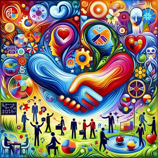 A visually appealing graphic illustrating concepts of social psychology including human behavior, emotions, and interaction in social settings, vibrant colors, and abstract designs.