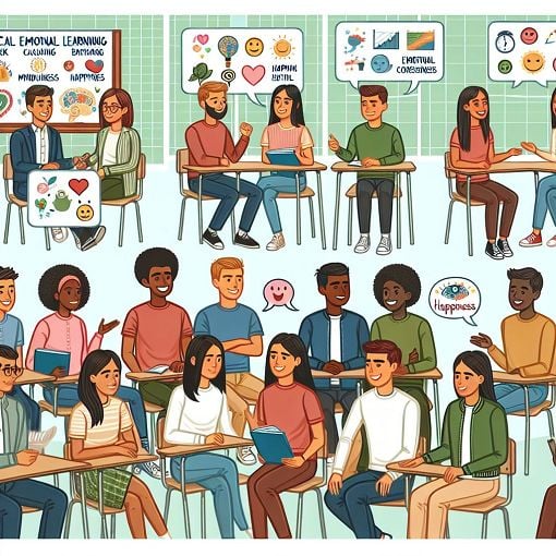 A vibrant classroom scene depicting students engaged in a discussion about Social Emotional Learning, with visual elements representing mindfulness, gratitude, and emotional awareness.