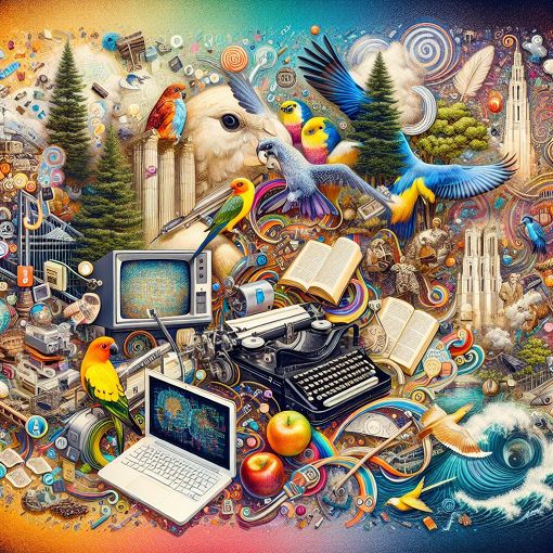 A vibrant and engaging illustration of technology, history, and culture blended together in a collage, featuring iconic symbols like computers, books, famous landmarks, and nature for a quiz setting.