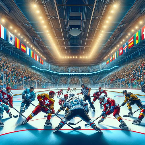 A vibrant hockey rink scene with players in action, focused on Swiss hockey, showing fans cheering in the stands