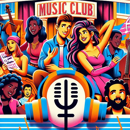 A colorful and playful illustration of the cast of Glee, featuring iconic moments and characters, with the podcast logo in the foreground.