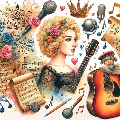 A whimsical illustration featuring Taylor Swift and Geoffrey Chaucer, surrounded by elements representing modern music and medieval literature, vibrant colors, artistic style.