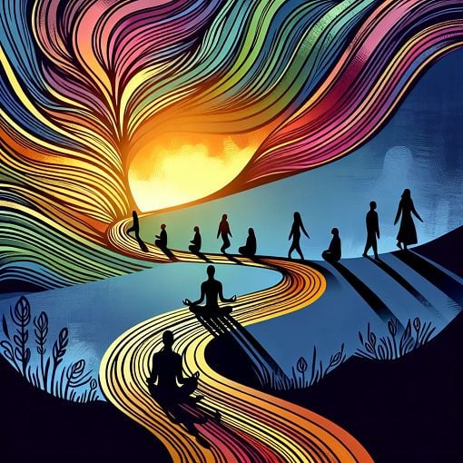 A serene landscape featuring a winding path leading into a vibrant sunset, with silhouettes of people in reflective poses, symbolizing self-awareness and personal growth.