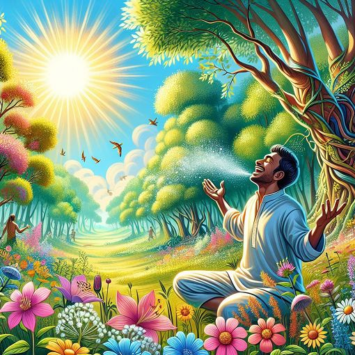 A calming and uplifting illustration showing a person joyfully interacting with nature, surrounded by vibrant colors symbolizing positivity and well-being.